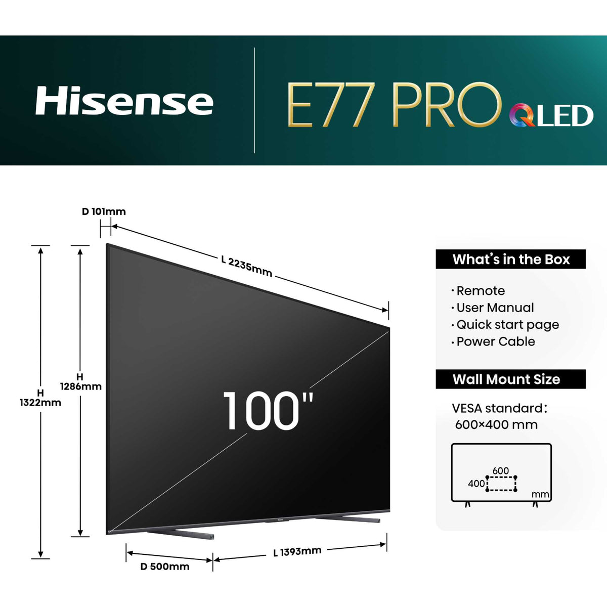 Hisense 100E77NQTUK-PRO 100" QLED 4K Ultra HD Smart TV 144Hz Refresh Rate with Freely