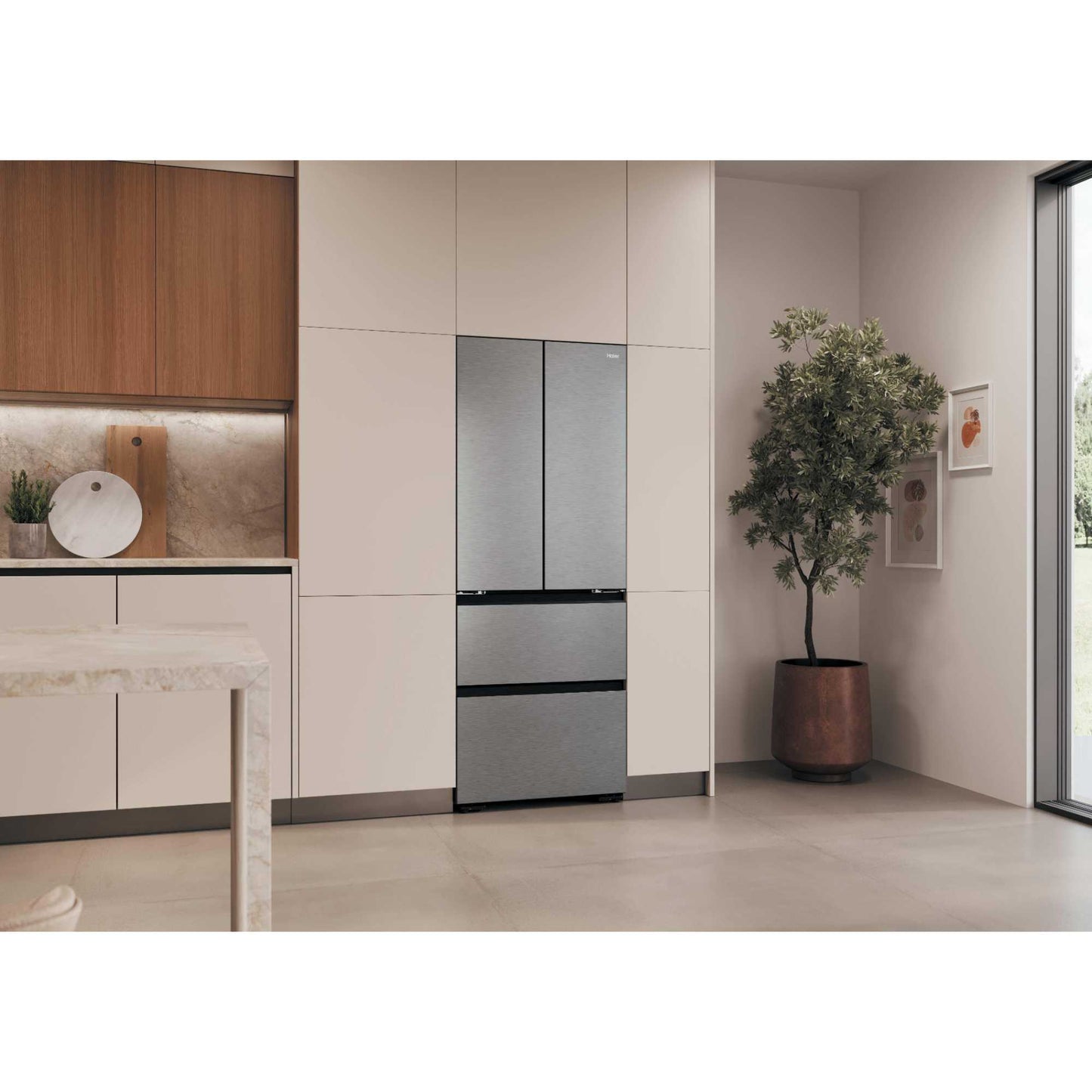 Haier Space-Fit American Style Fridge Freezer 60/40 No Frost - Platinum Inox - HFKR5718DNMM