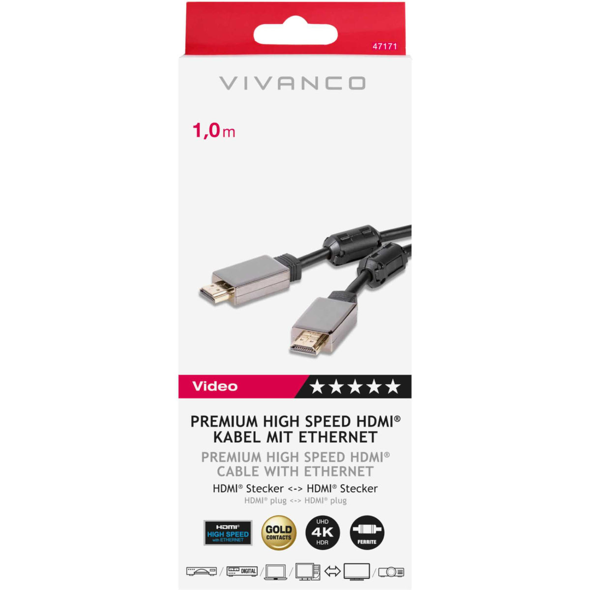 Vivanco 47171 1M Premium High Speed HDMI Cable With Ethernet
