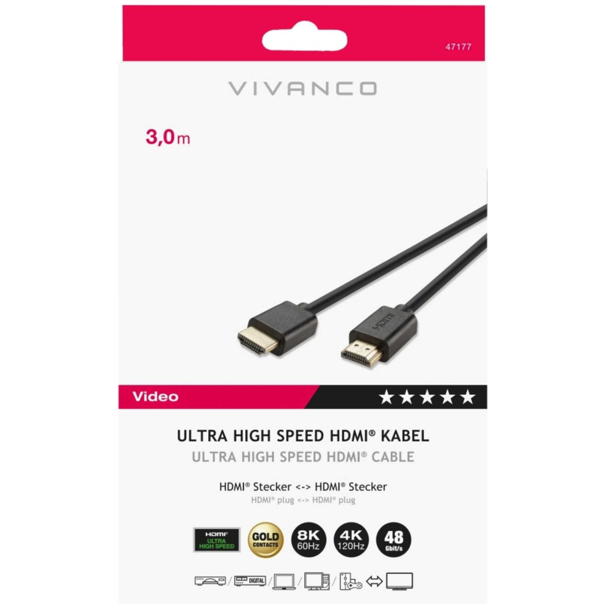 Vivanco 47177 3m 8K 60Hz 4K 120Hz 2.1 HDMI Lead - Black