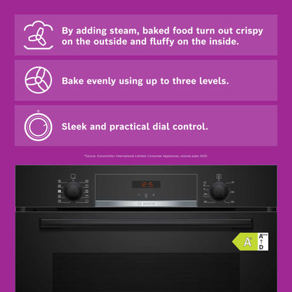 Bosch Series 4 HQA534BB3B Built-In Single Oven with Steam Function - Black