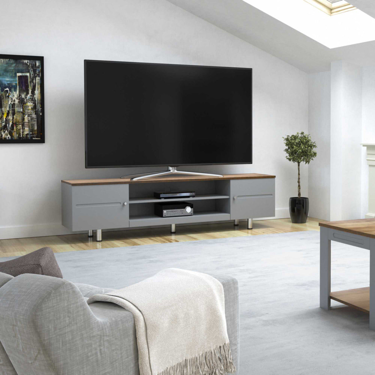 AVF FS1900WSSG Whitesands Open Aperture TV Stand - Satin Grey & Wood