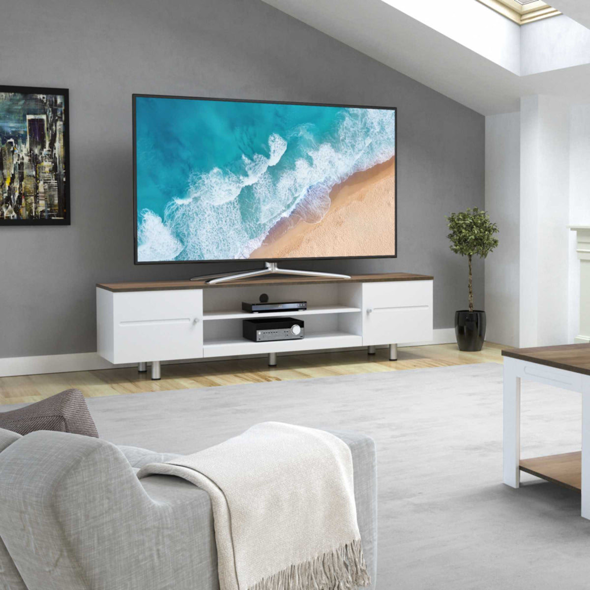 AVF FS1900WSSW Whitesands Open Aperture TV Stand - Satin White & Wood