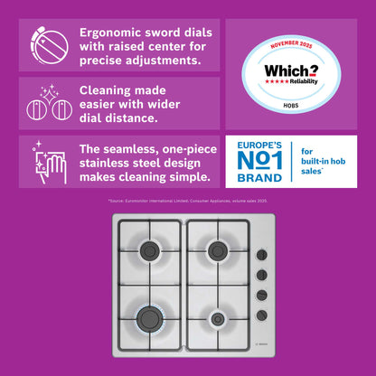 Bosch PBP6B5K60 Series 2 Gas 4 Burner Hob - Stainless Steel