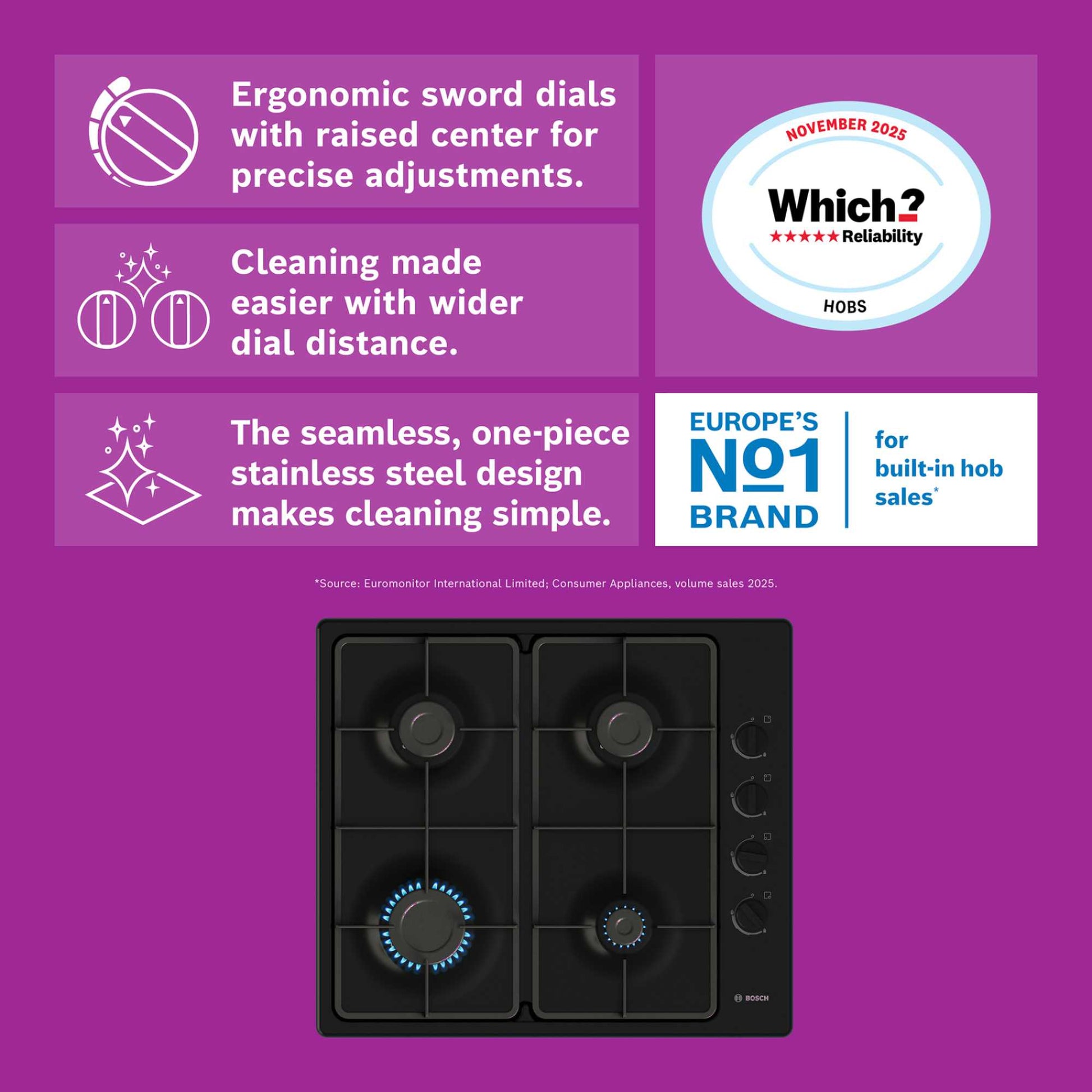 Bosch PBP6B6K60 Series 2 60cm Gas 4 Burner Hob - Black