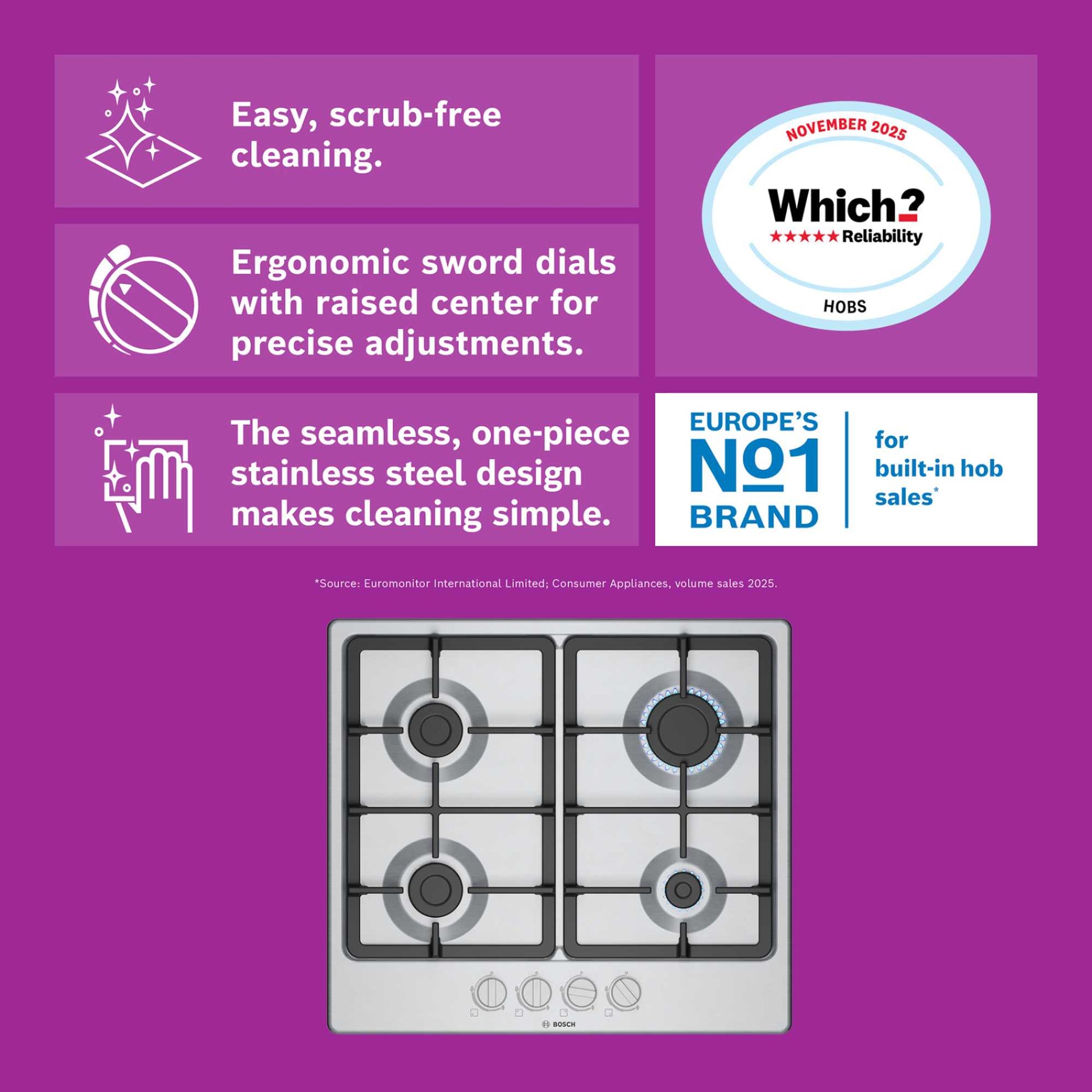 Bosch PGP6B5K90 Series 4 60cm 4 Burner Gas Hob - Stainless Steel