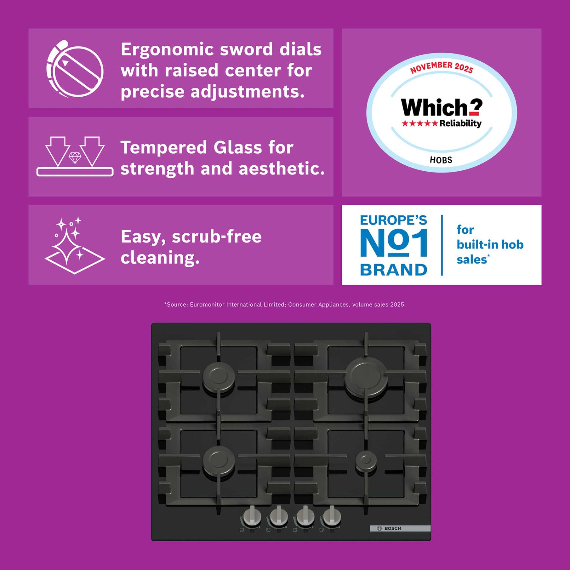 Bosch PNP6B6K40 Series 4 60cm 4 Burner Glass Gas Hob - Black