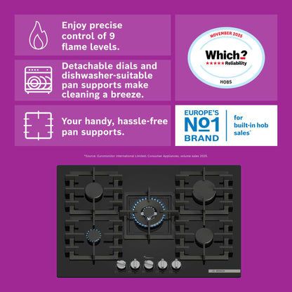 Bosch Series 6 PPQ7A6I40 75cm Gas Hob 5 Burners Tempered Glass - Black