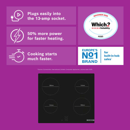 Bosch PUG61RAA5B Series 2 60cm 4 Zone Induction Hob with Plug - Black
