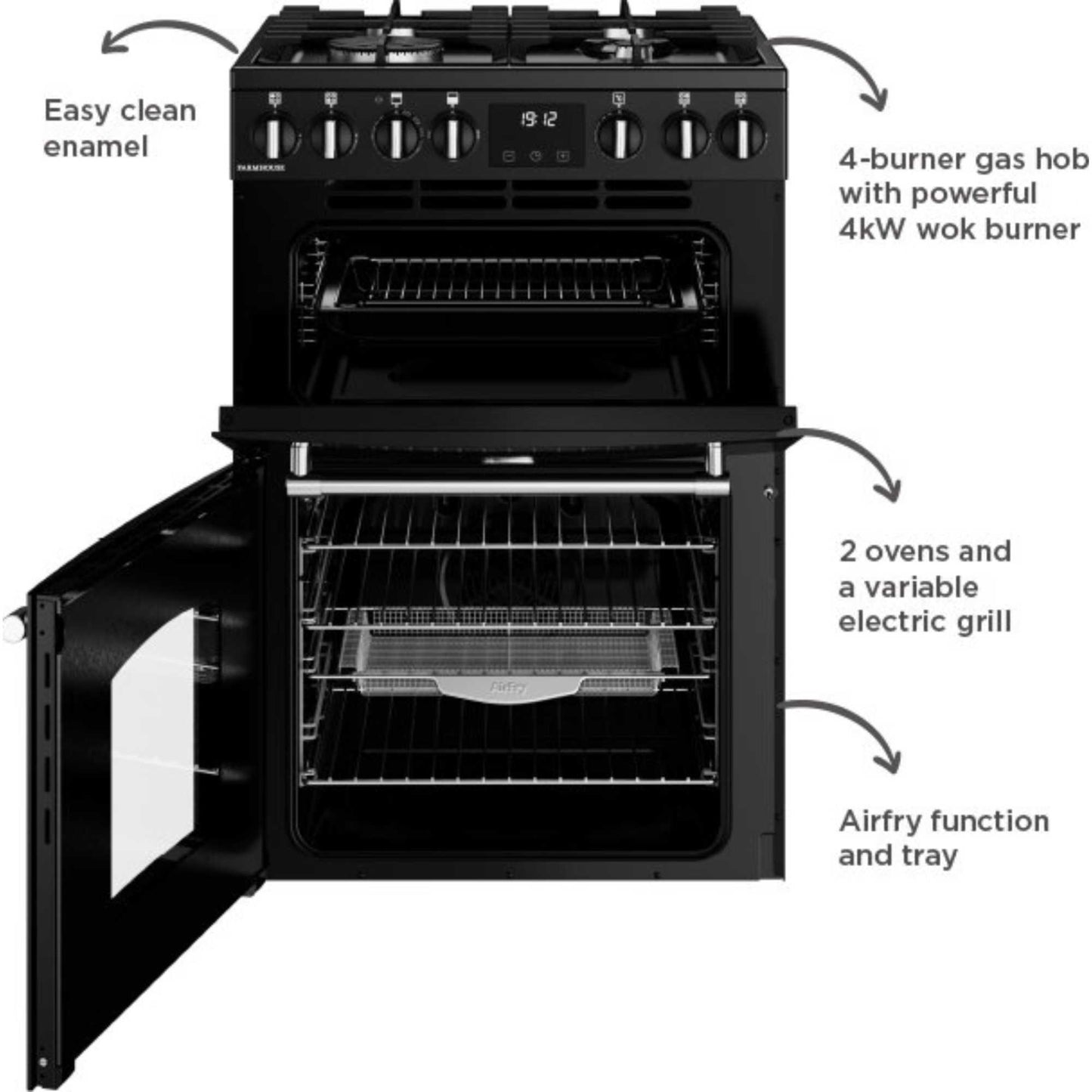 Belling Farmhouse 60DF Mini Range 60cm Dual Fuel Double Oven Cooker - MRAFHOUSE60DFBLK