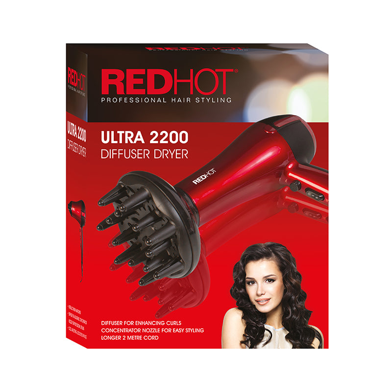 Red Hot Professional Hair Dryer - with Diffuser - 2200W