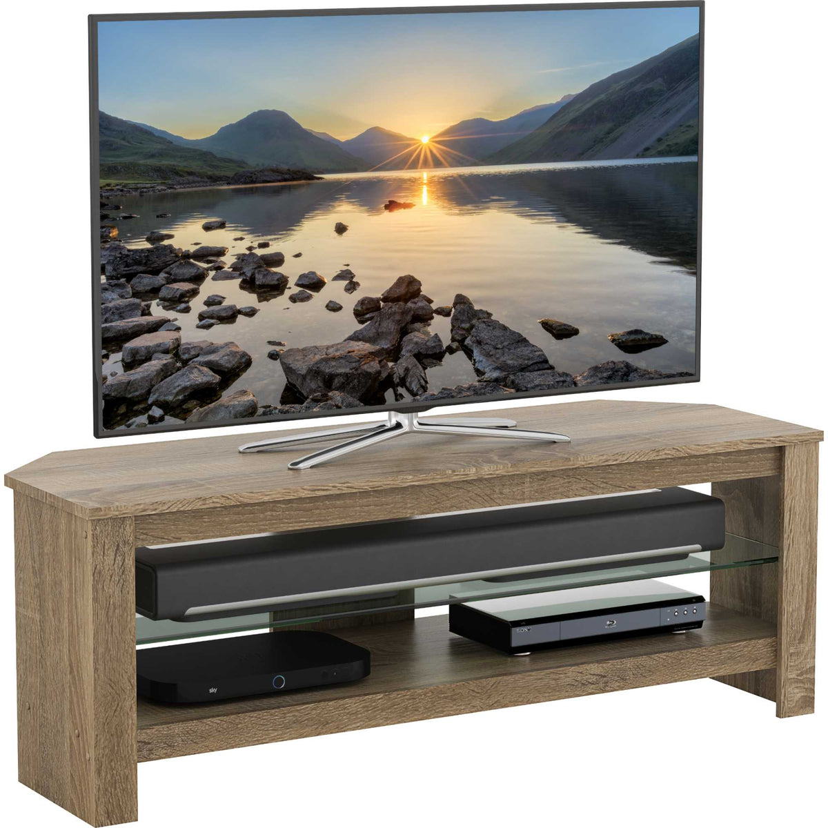 AVF CA115GOX Calibre Plus 115cm TV Stand with Glass Shelf - Rustic Sawn Oak