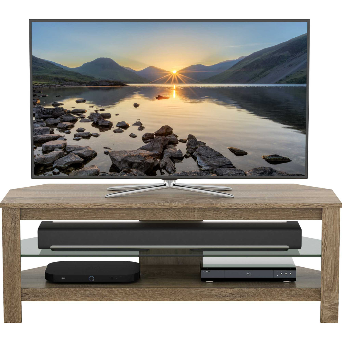 AVF CA115GOX Calibre Plus 115cm TV Stand with Glass Shelf - Rustic Sawn Oak