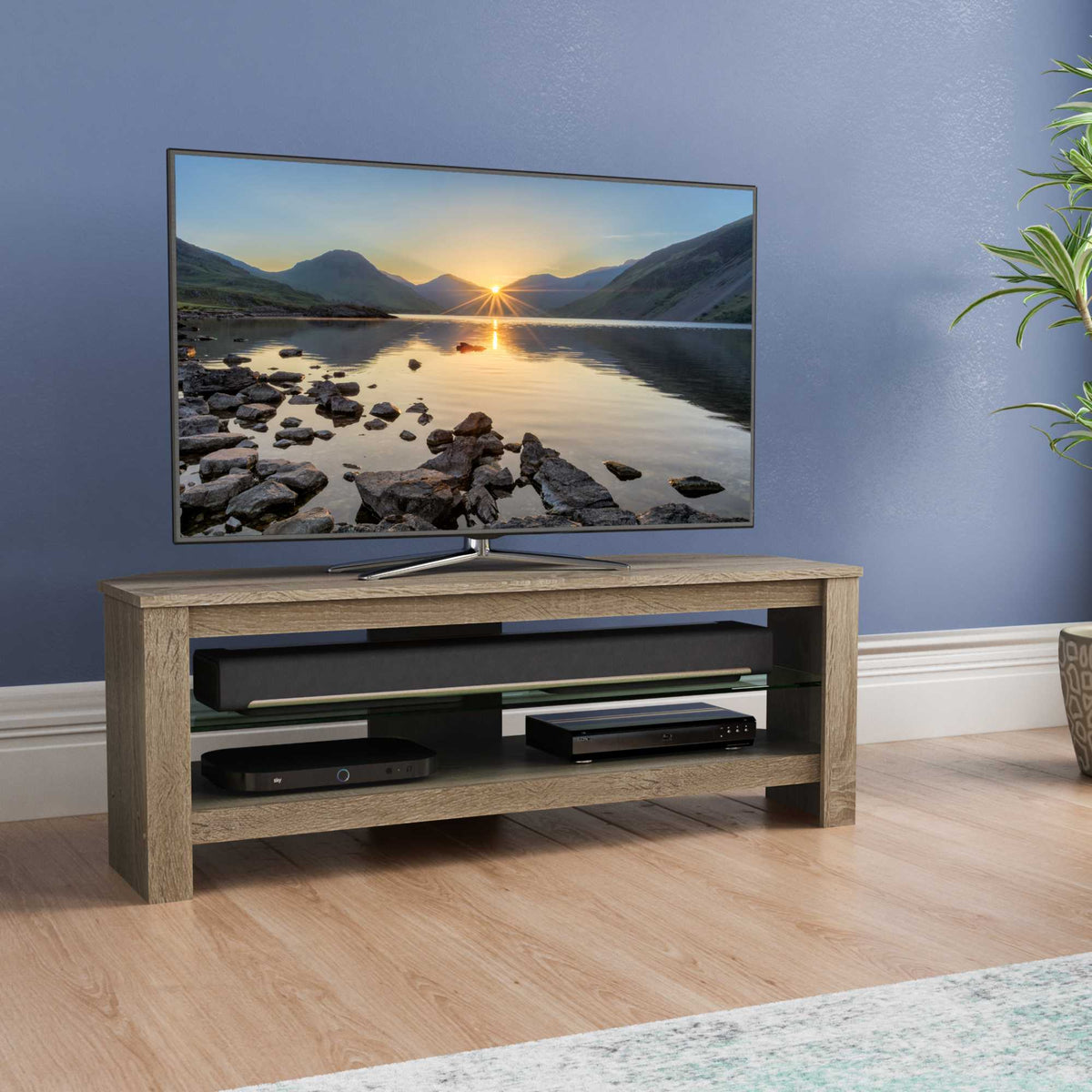 AVF CA115GOX Calibre Plus 115cm TV Stand with Glass Shelf - Rustic Sawn Oak