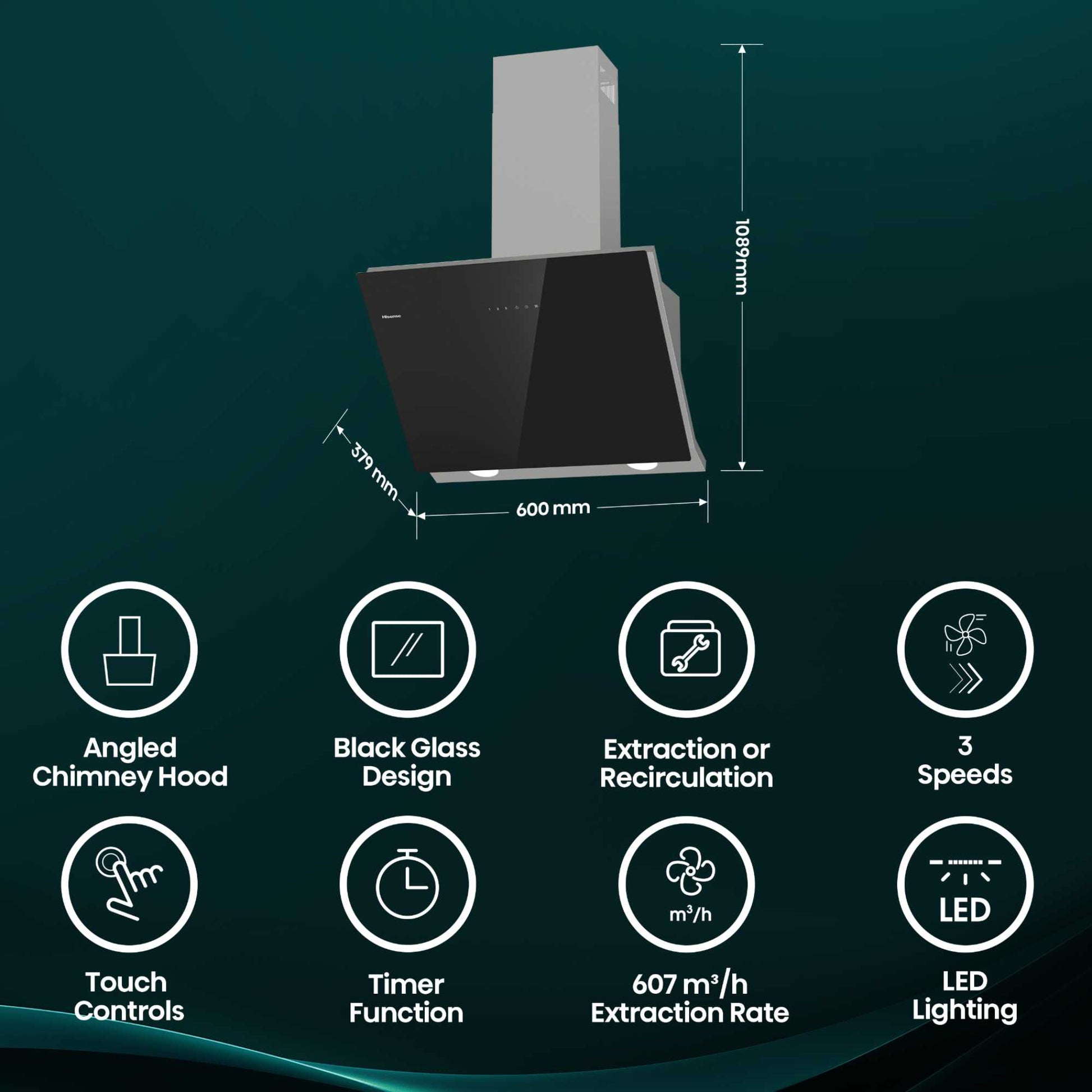 Hisense CH6IN14BXBUK 60cm Wall-Mounted Cooker Hood - Black