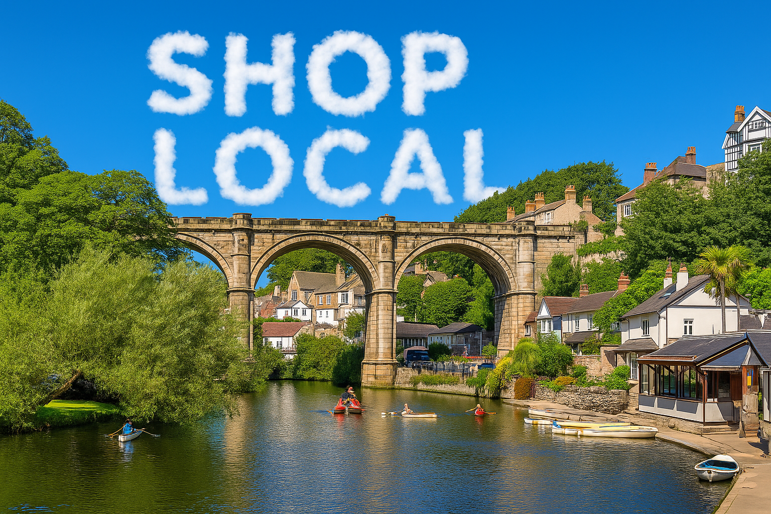 Knaresborough Bridge and River with the words shop local above in clouds on a sunny day 