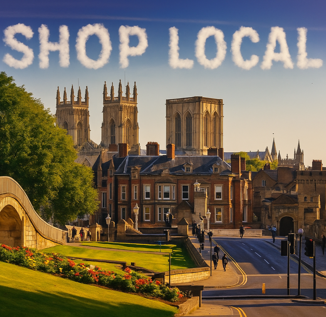 York Cathedral with the words shop local above