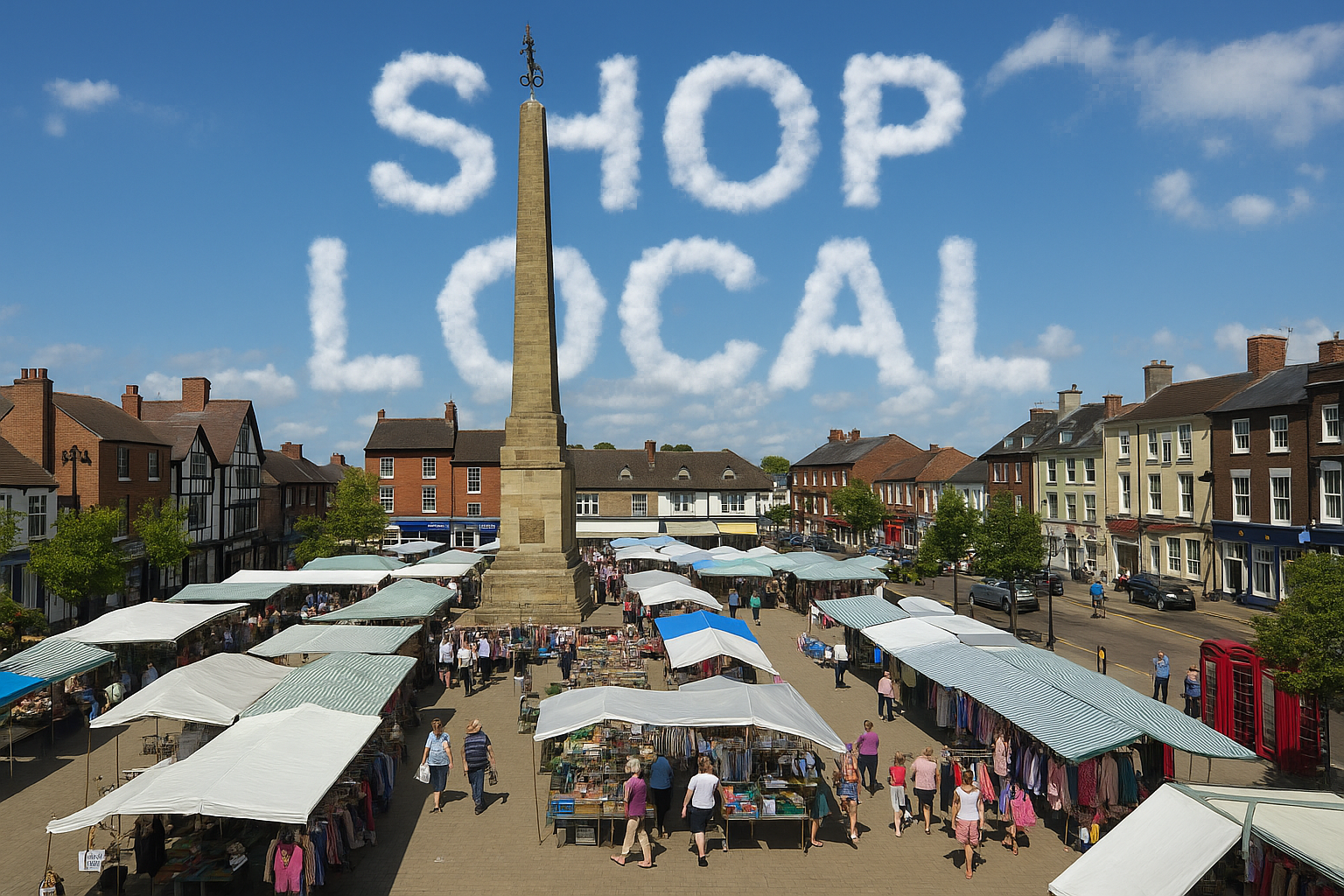 Ripon Market Day with the words shop local as clouds above 