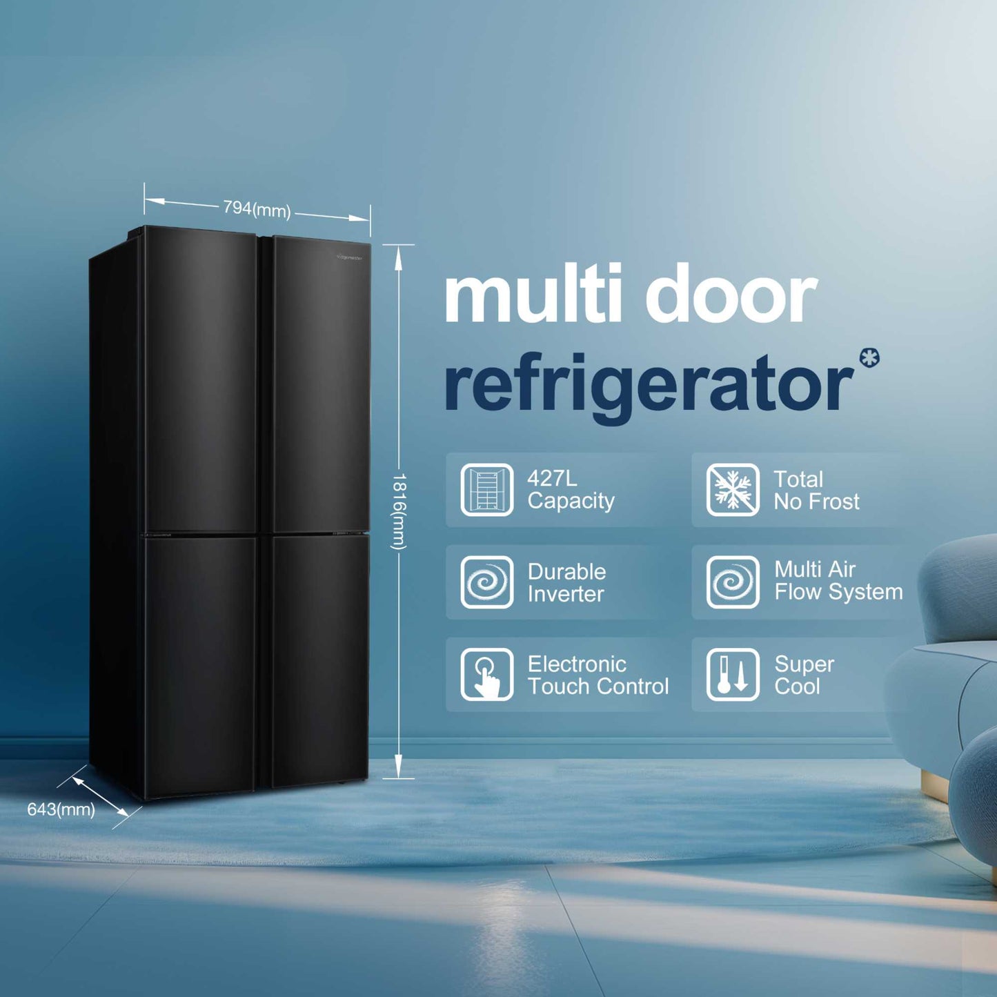 Fridgemaster American Style Fridge Freezer 50/50 Total No Frost- Black - MQ79394EB