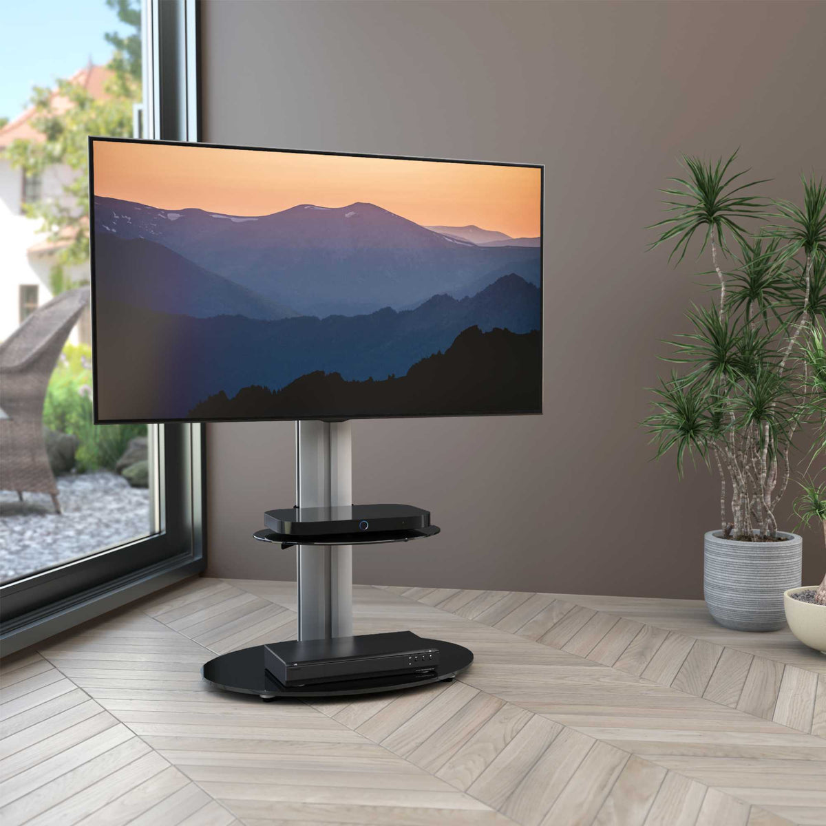 AVF FSL600ENSB Eno 60cm Pedestal TV Stand with Shelf - Glass