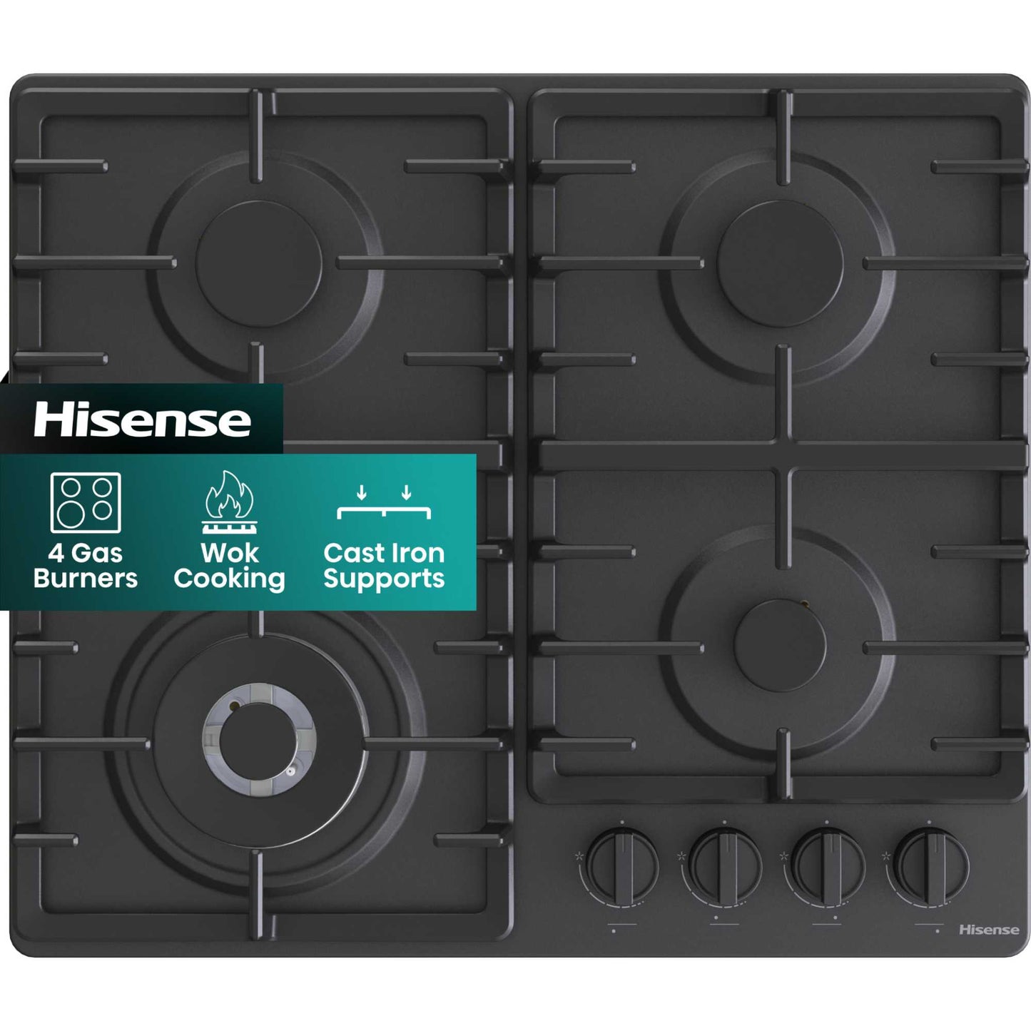 Hisense GM663BHF Hi2 60cm 4 Zone Gas Hob - Black