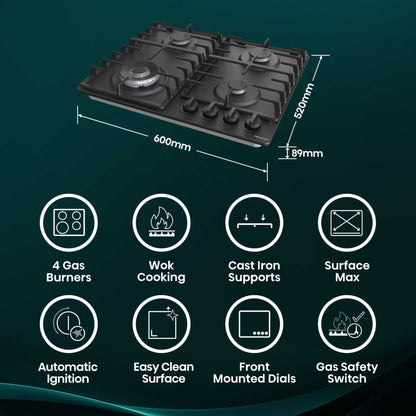 Hisense GM663BHF Hi2 60cm 4 Zone Gas Hob - Black