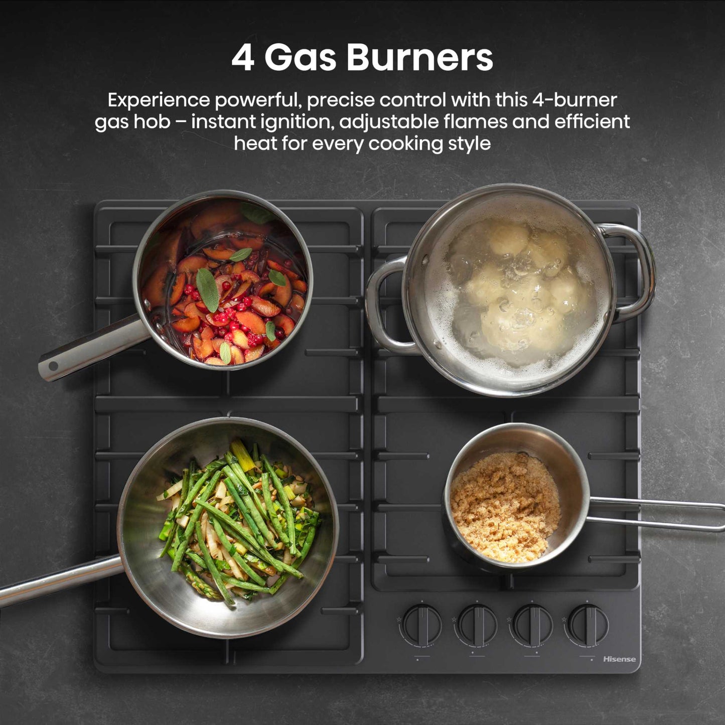 Hisense GM663BHF Hi2 60cm 4 Zone Gas Hob - Black
