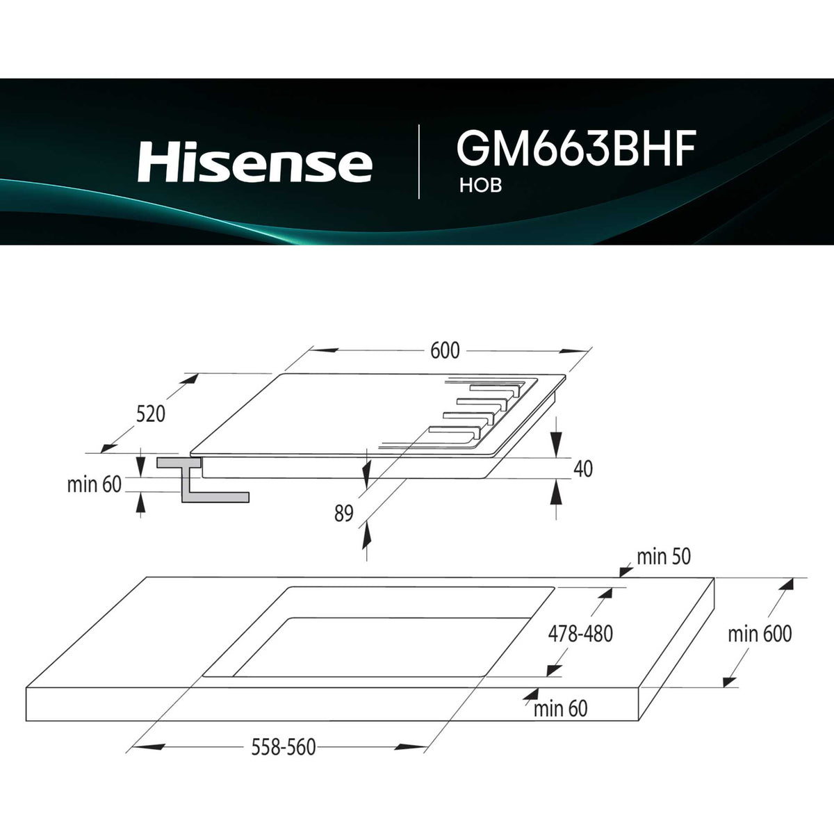 Hisense GM663BHF Hi2 60cm 4 Zone Gas Hob - Black