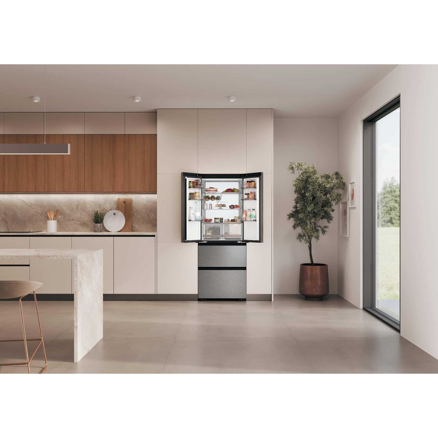 Haier Space-Fit American Style Fridge Freezer 60/40 No Frost - Platinum Inox - HFKR5718DNMM