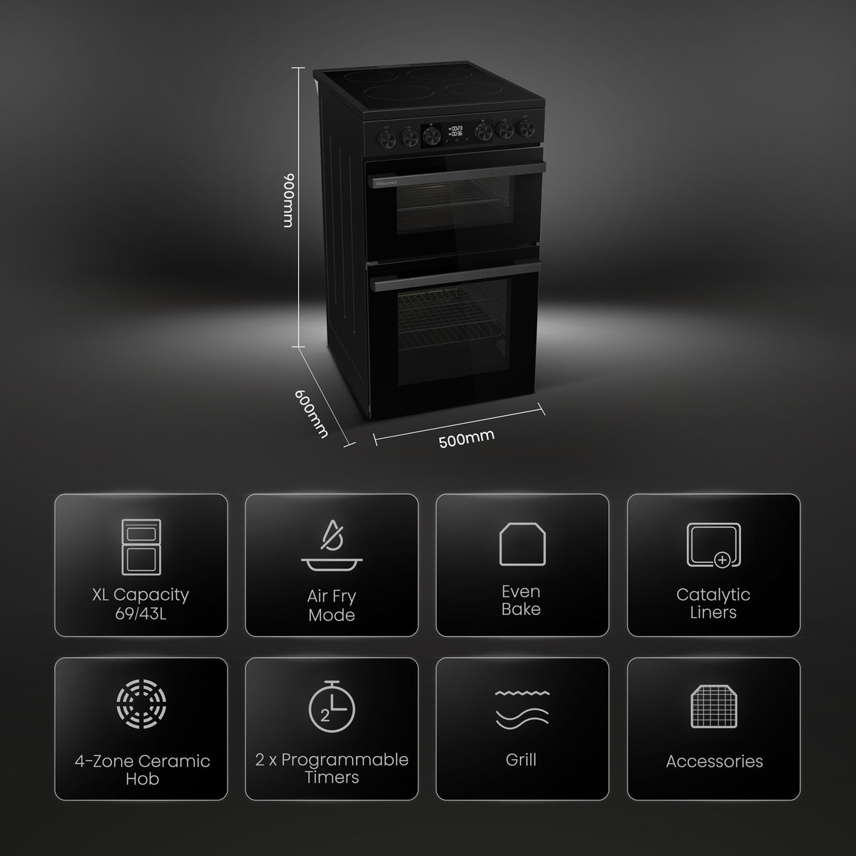 Hisense HDCEC5C10B Freestanding Double Oven with 4 Ceramic Hobs - Black