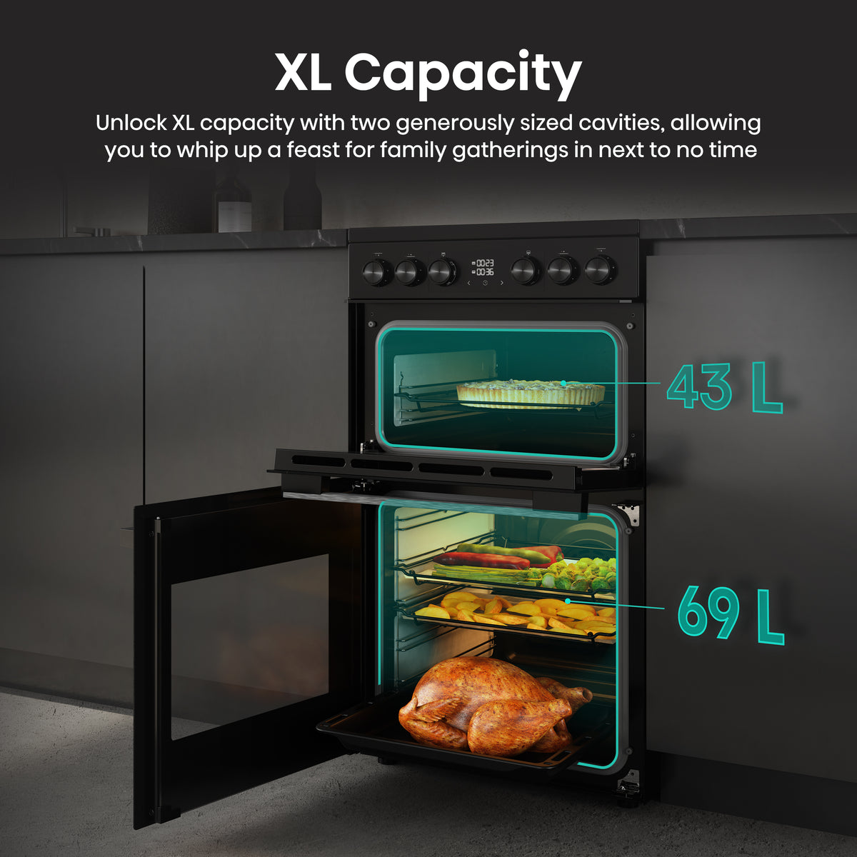 Hisense HDCEC5C10B Freestanding Double Oven with 4 Ceramic Hobs - Black