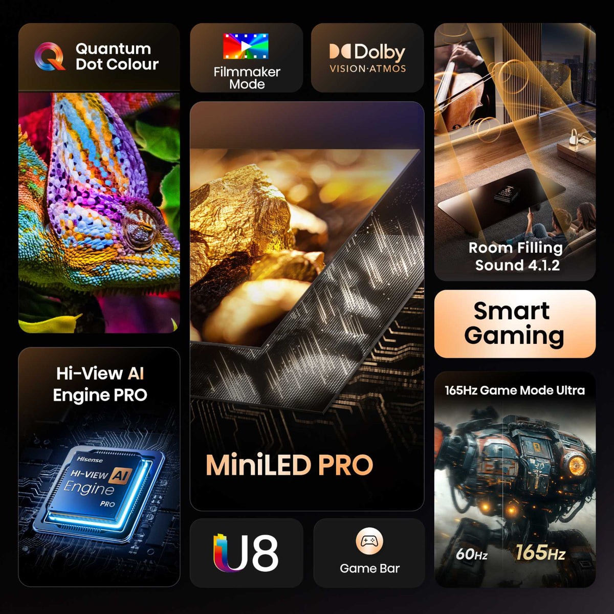 Hisense U8QTUK 75" 165Hz MiniLED Smart AI TV with Freely - 75U8QTUK