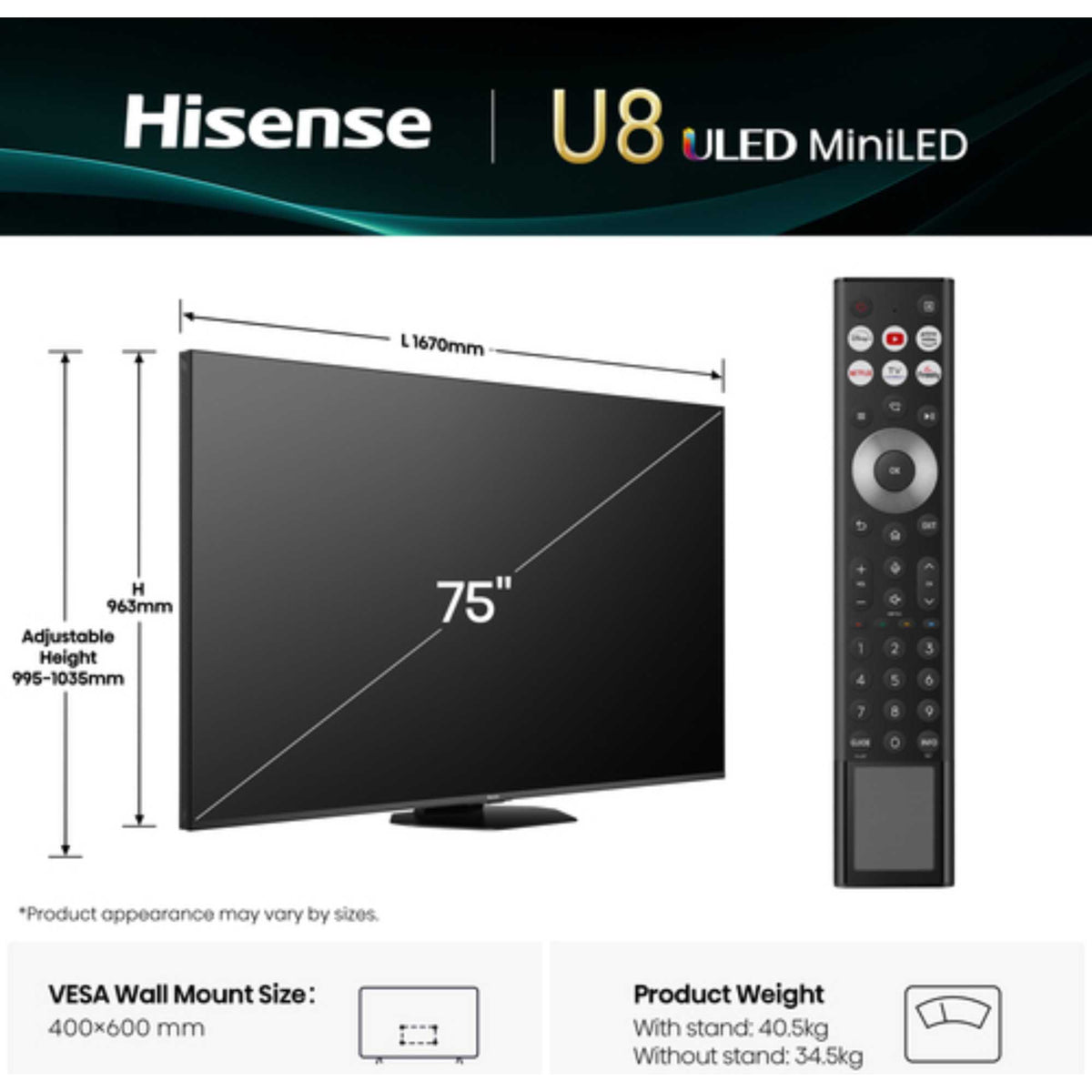 Hisense U8QTUK 75" 165Hz MiniLED Smart AI TV with Freely - 75U8QTUK