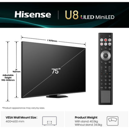 Hisense U8QTUK 75" 165Hz MiniLED Smart AI TV with Freely - 75U8QTUK