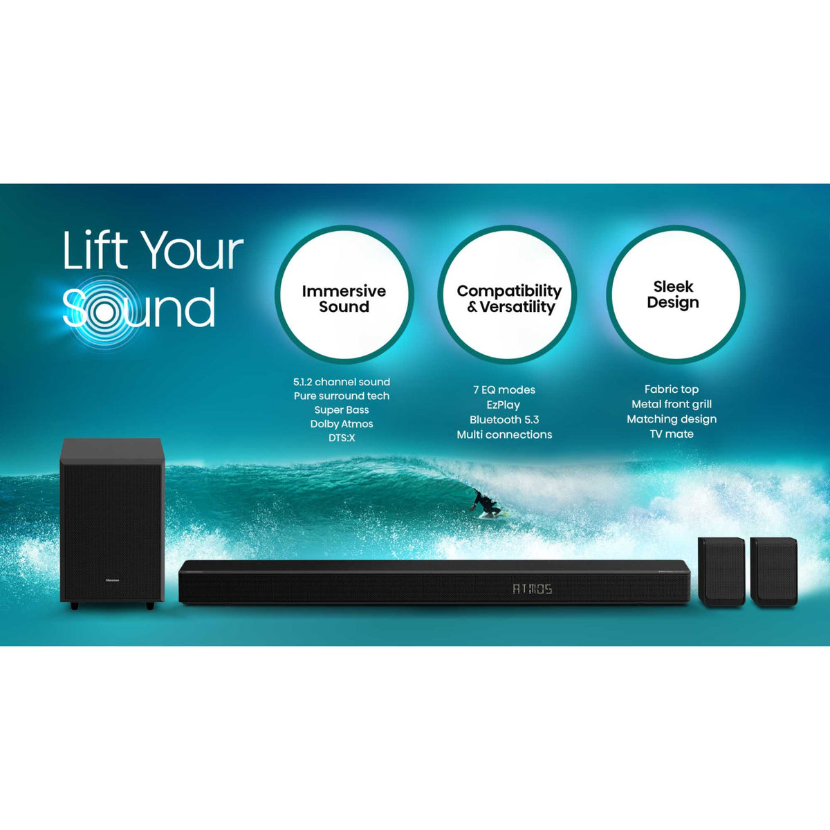 Hisense AX5125H 5.1.2 Channel Cinematic Soundbar with Wireless Subwoofer