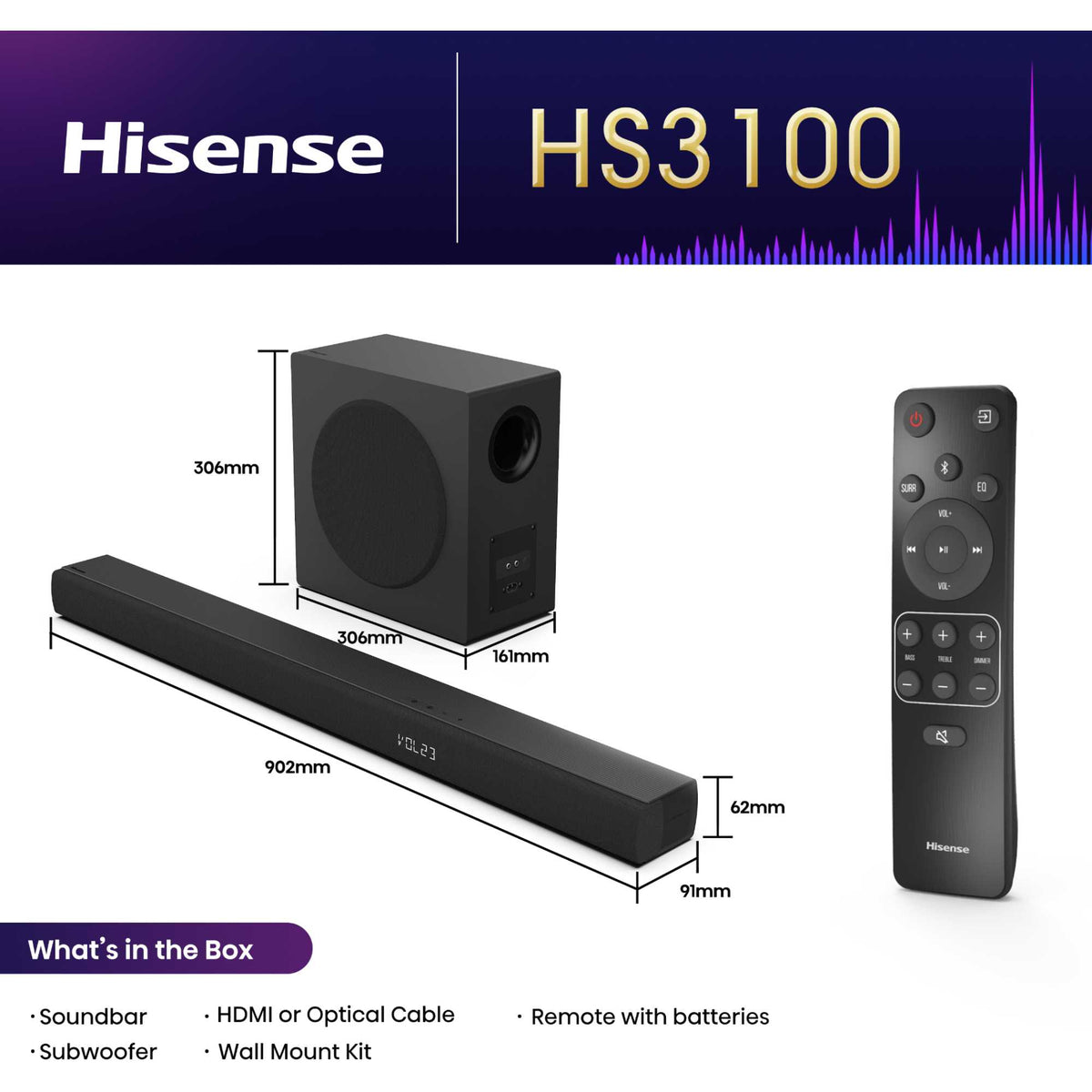 Hisense HS3100 3.1 Channel Soundbar with Wireless Subwoofer