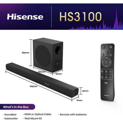 Hisense HS3100 3.1 Channel Soundbar with Wireless Subwoofer