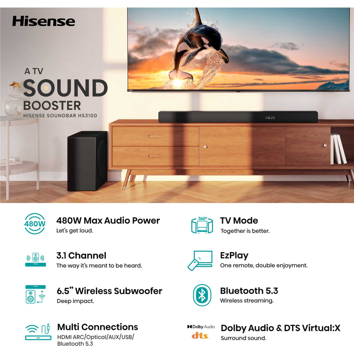 Hisense HS3100 3.1 Channel Soundbar with Wireless Subwoofer