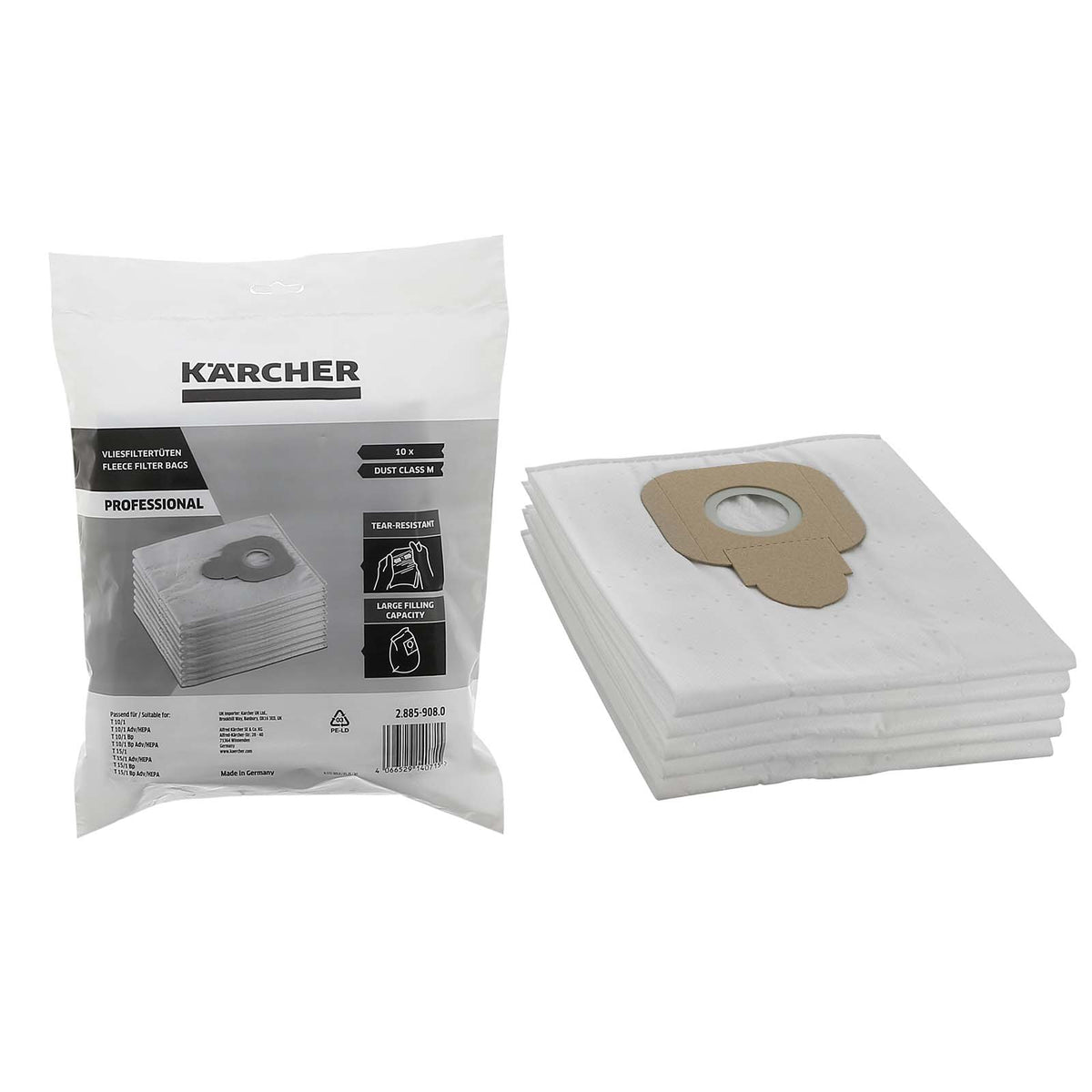 Karcher Vacuum Cleaner Fleece Dust Bags - Pack of 10 - T10/1 T10/1Bp T15/1 T15/1Bp