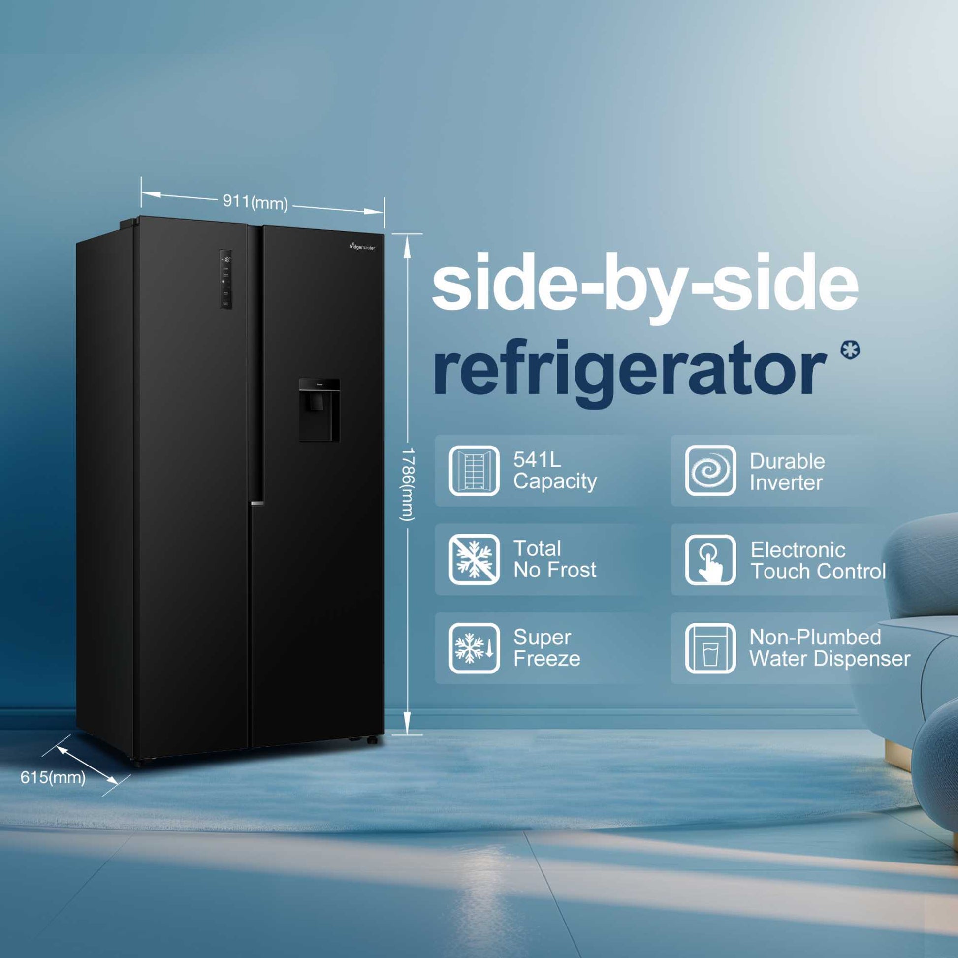 Fridgemaster American Style Fridge Freezer 60/40 Total No Frost - Black - MS91558DEB