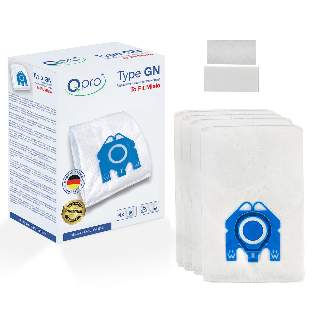 Qpro Premium OEM Quality Made In Germany Vacuum Cleaner Dust Bags Compatible With Miele Models - C2, C3, C1, S8, S5, S2 GN Type (Pack of 4 Bags + 2 Filters) - Includes Rainbow Air Fresheners