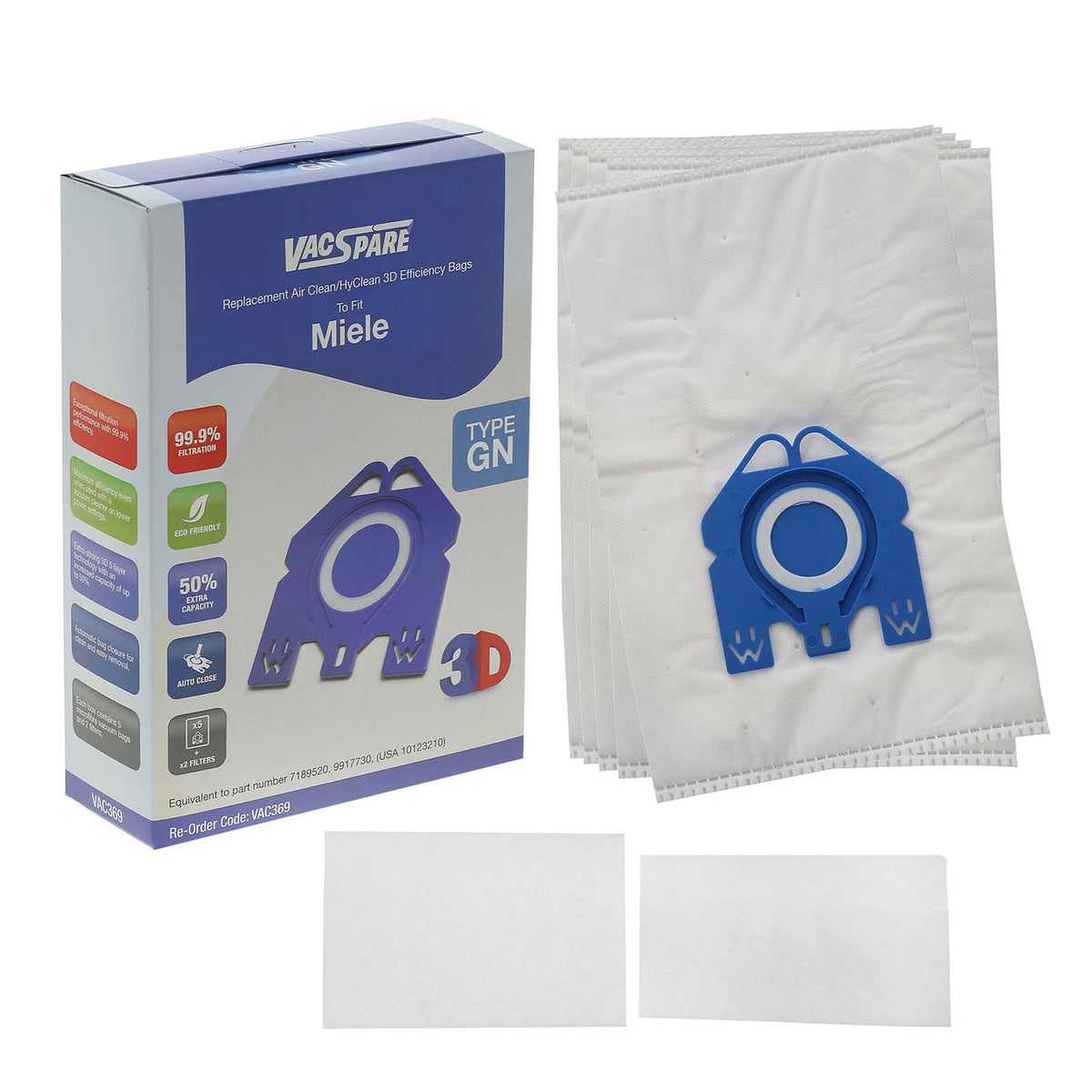 Vacspare Microfibre Bag - GN (Pack of 5)  & 2 filters- Compatible With Miele Vacuum Cleaners