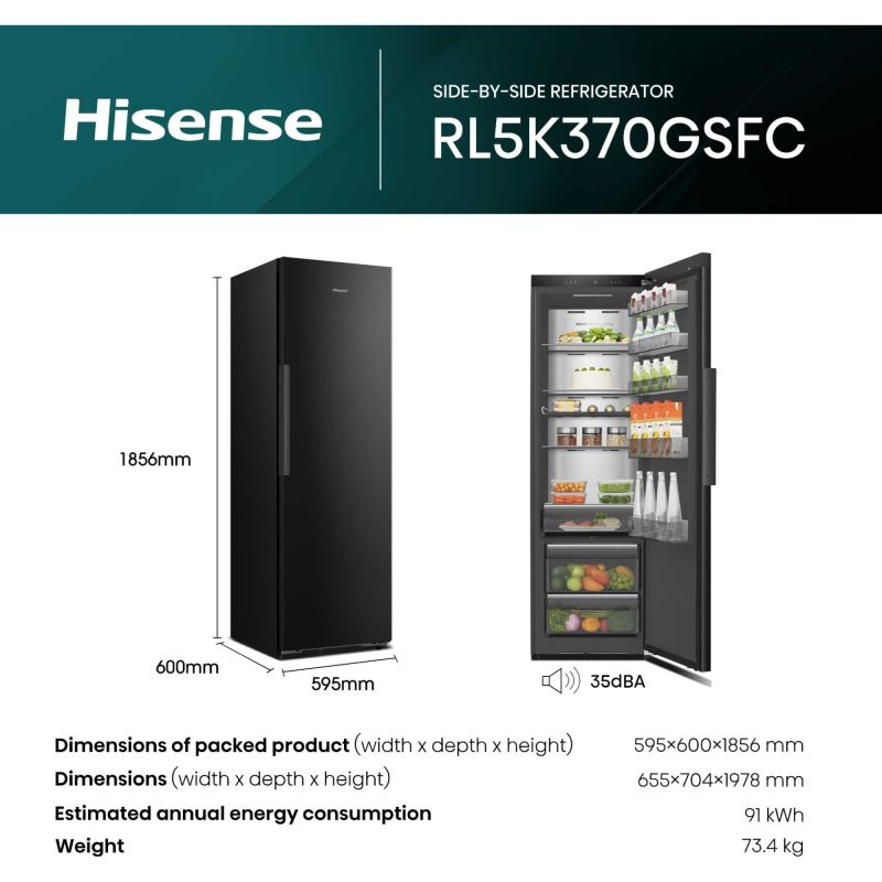 Hisense Hi5 Tall Larder Fridge Auto Defrost- Black Glass - RL5K370GSFC