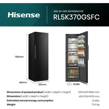 Hisense Hi5 Tall Larder Fridge Auto Defrost- Black Glass - RL5K370GSFC