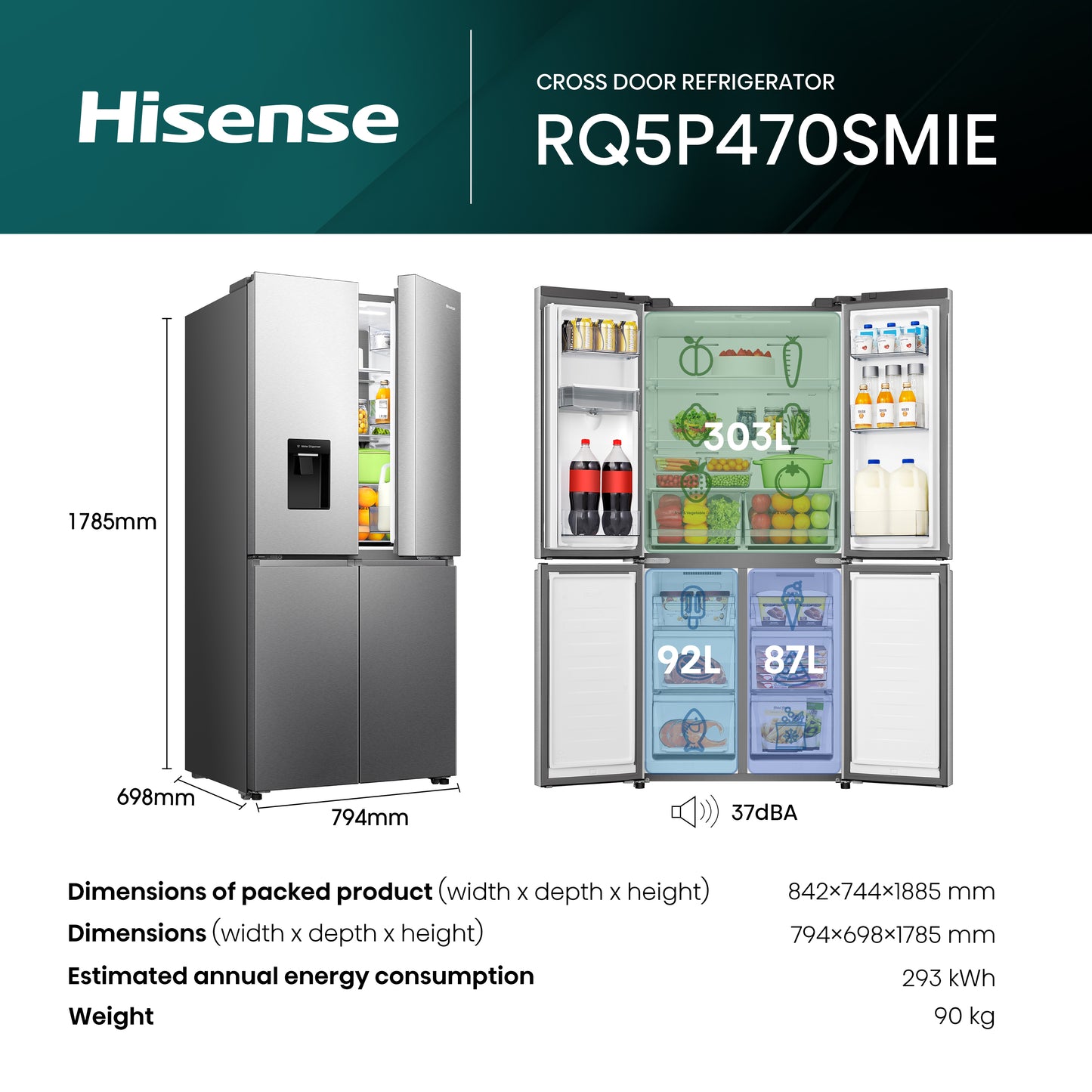 Hisense American Style Fridge Freezer 60/40 Total No Frost - Inox - RQ5P470SMIE
