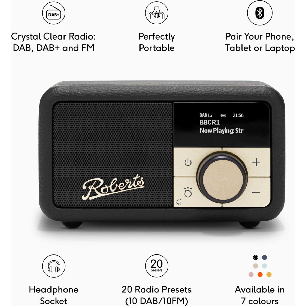 Roberts Revival Petite 2 DAB/DAB+/FM Bluetooth Portable Radio - Black