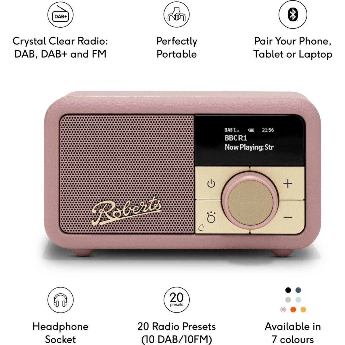 Roberts Revival Petite 2 DAB/DAB+/FM Bluetooth Portable Radio - Dusky Pink