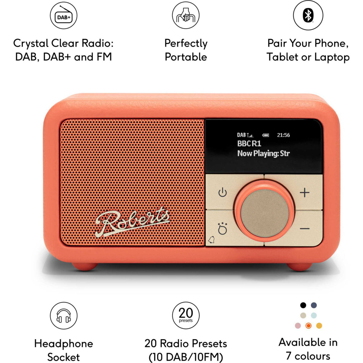 Roberts Revival Petite 2 DAB/DAB+/FM Bluetooth Portable Radio - Pop Orange
