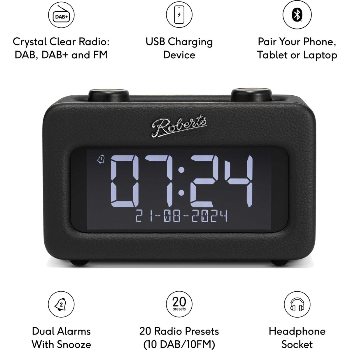 Roberts REV-RESTBK Revival Rest FM/DAB+ Bluetooth Alarm Clock Radio - Black
