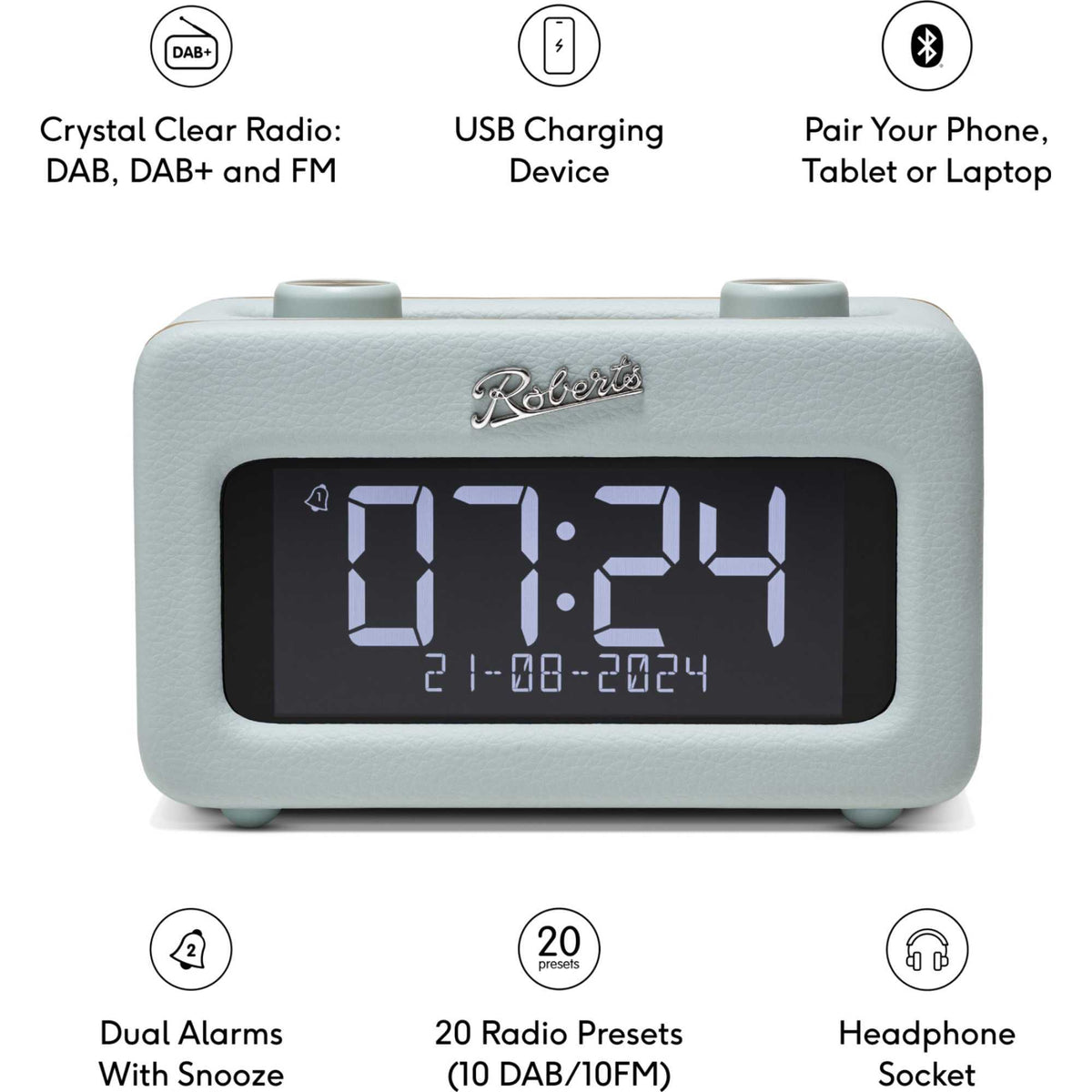 Roberts REV-RESTDE Revival Rest FM/DAB+ Bluetooth Alarm Clock Radio - Duck Egg